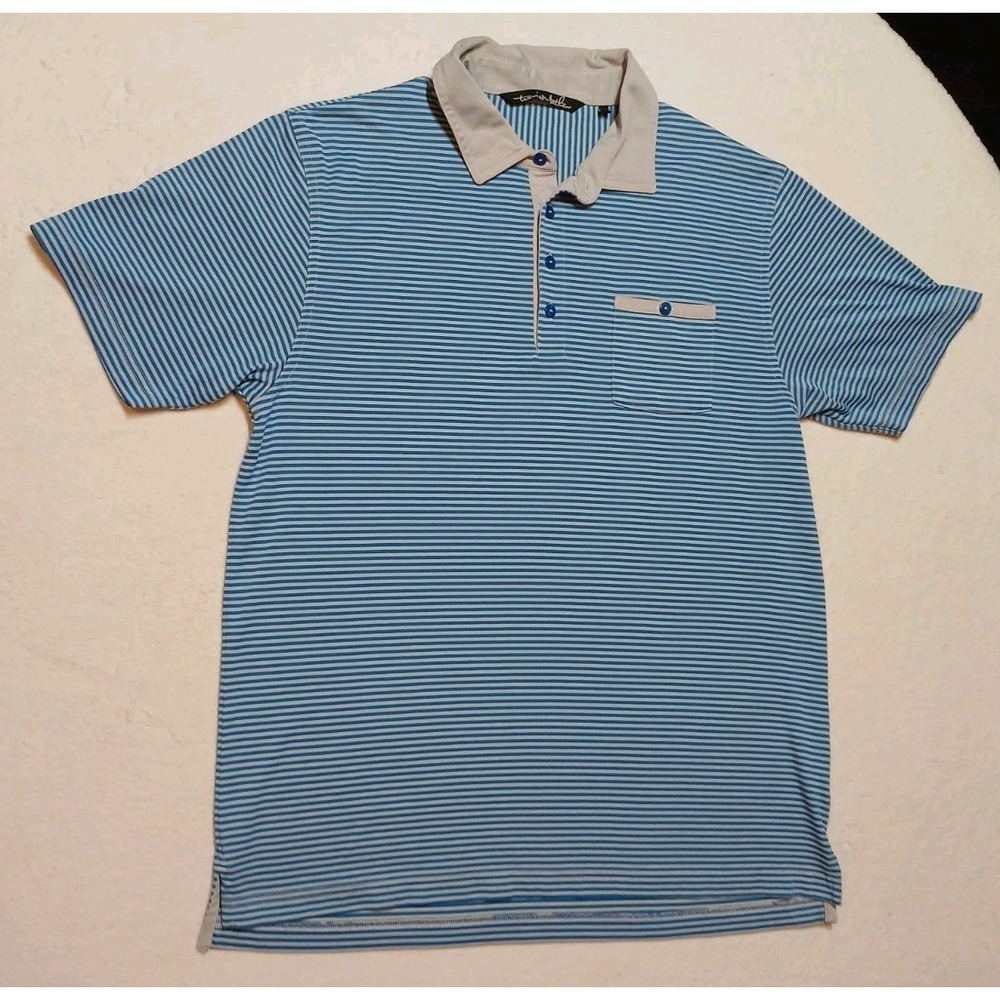 Travis Mathew Golf Polo Mens L Blue Grey Stripe Contrast Pocket Pima Cotton